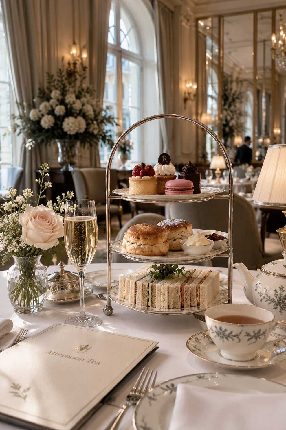 Elegant afternoon tea setting with tiered sandwiches, scones and pastries, fine china and champagne in a luxury hotel dining room.