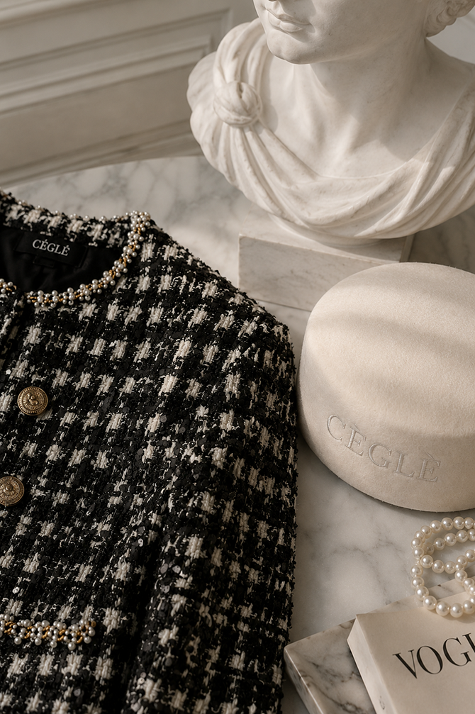 Black and white fashion editorial featuring a tweed jacket, pillbox hat and pearls styled in a timeless monochrome setting