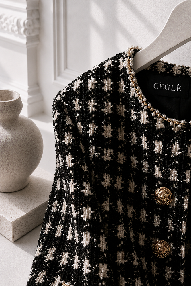 Close-up of a black and white tweed jacket with pearl trim and gold buttons by CÈGLÈ