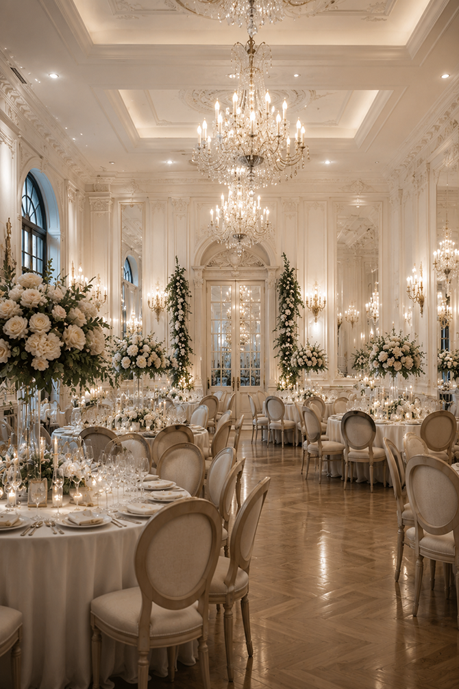 Elegant luxury wedding reception venue with white floral arrangements, crystal chandeliers and timeless décor for wedding guest inspiration