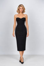 CÈGLÈ 3-in-1 Convertible Black Midi Dress with Pearl Straps & Draped Waist