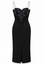CÈGLÈ 3-in-1 Convertible Black Midi Dress with Pearl Straps & Draped Waist