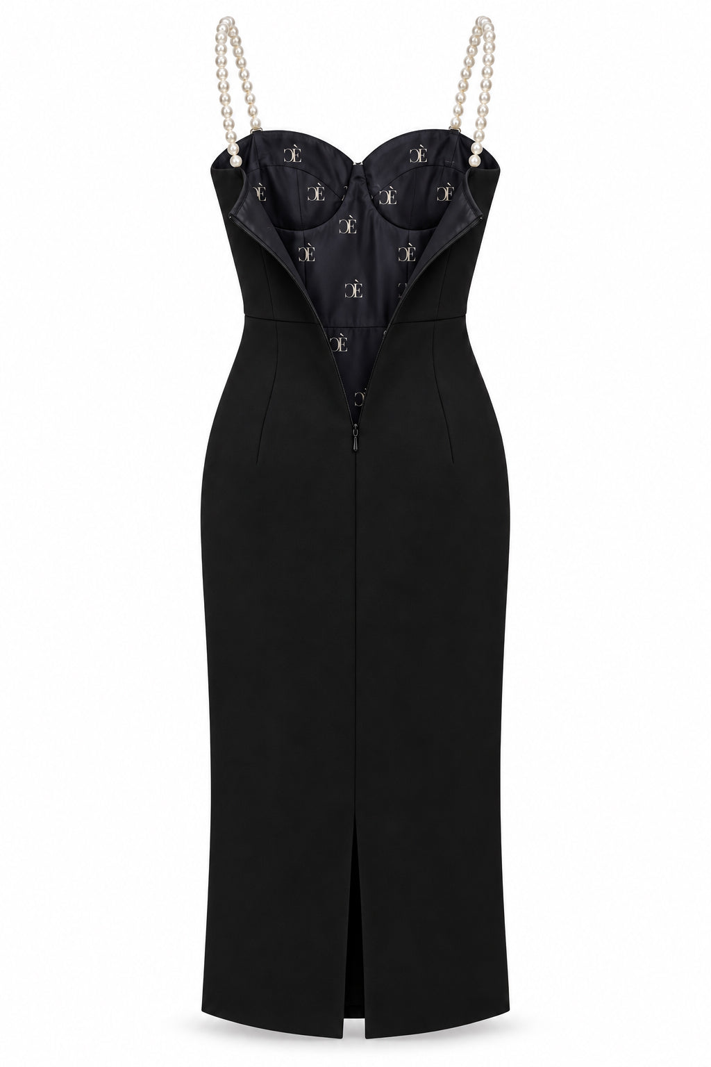 CÈGLÈ 3-in-1 Convertible Black Midi Dress with Pearl Straps & Draped Waist