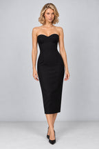 CÈGLÈ 3-in-1 Convertible Black Midi Dress with Pearl Straps & Draped Waist
