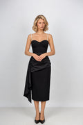 CÈGLÈ 3-in-1 Convertible Black Midi Dress with Pearl Straps & Draped Waist
